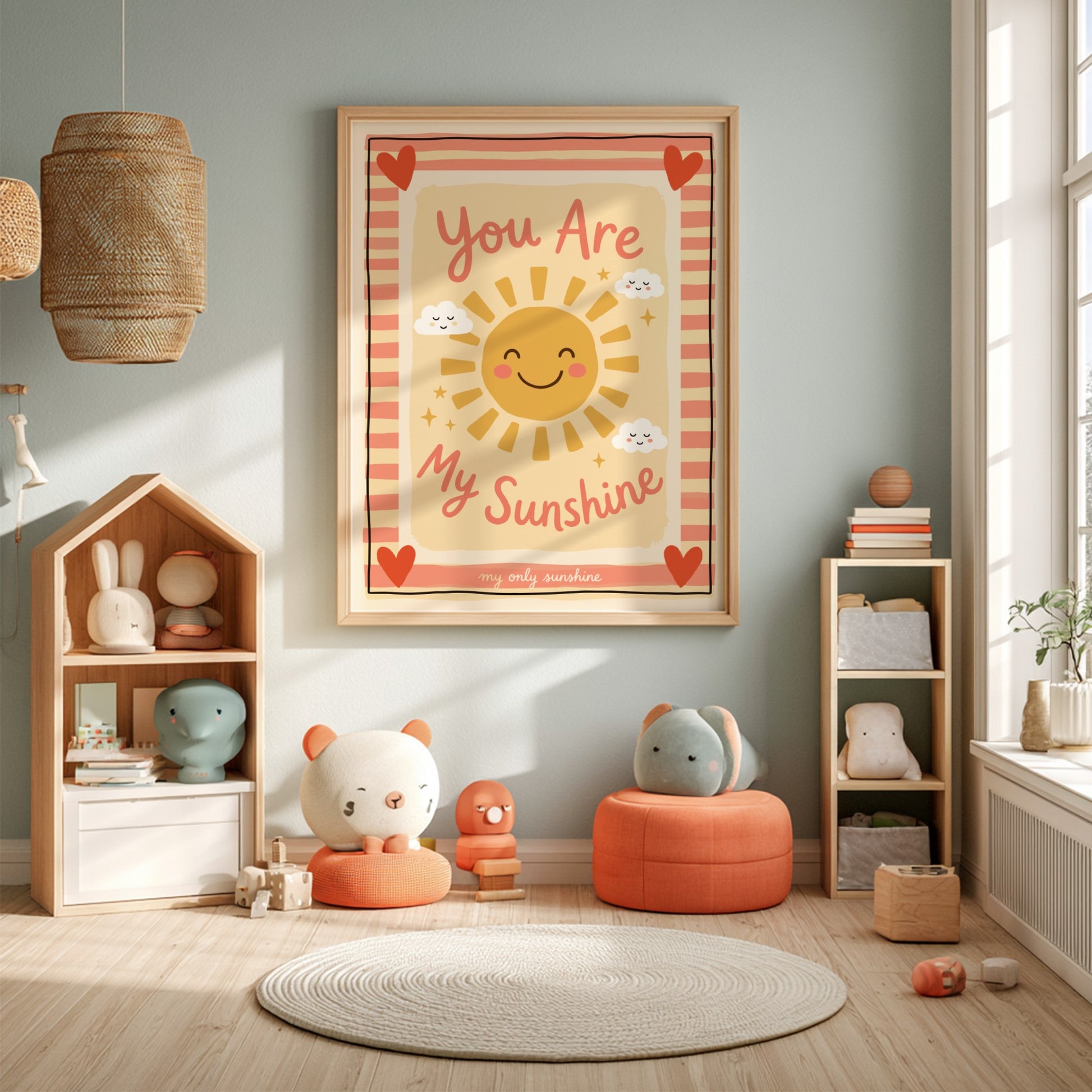 Kids room poster featuring a cheerful sun and clouds in warm colors