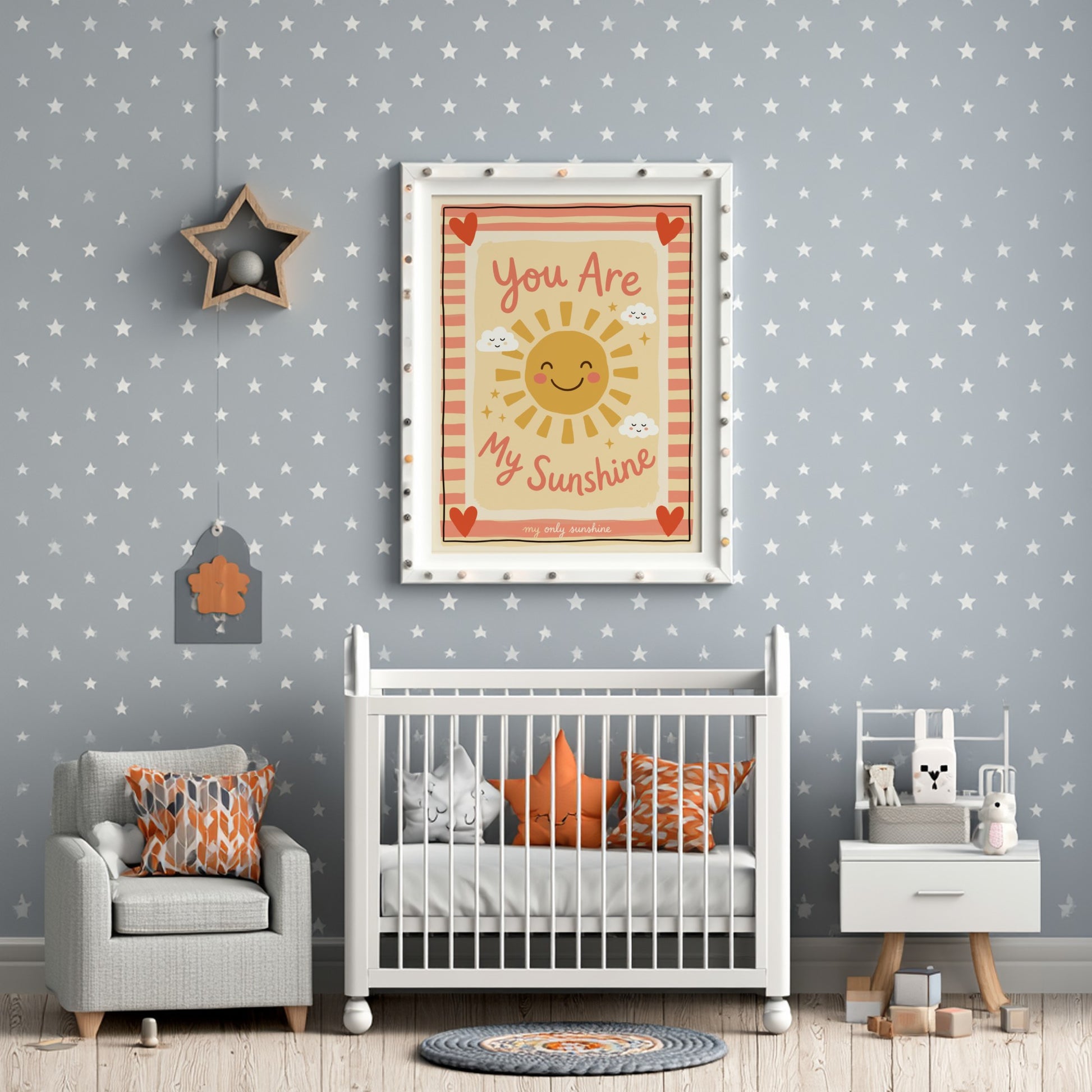 Kids room poster featuring a cheerful sun and clouds in warm colors