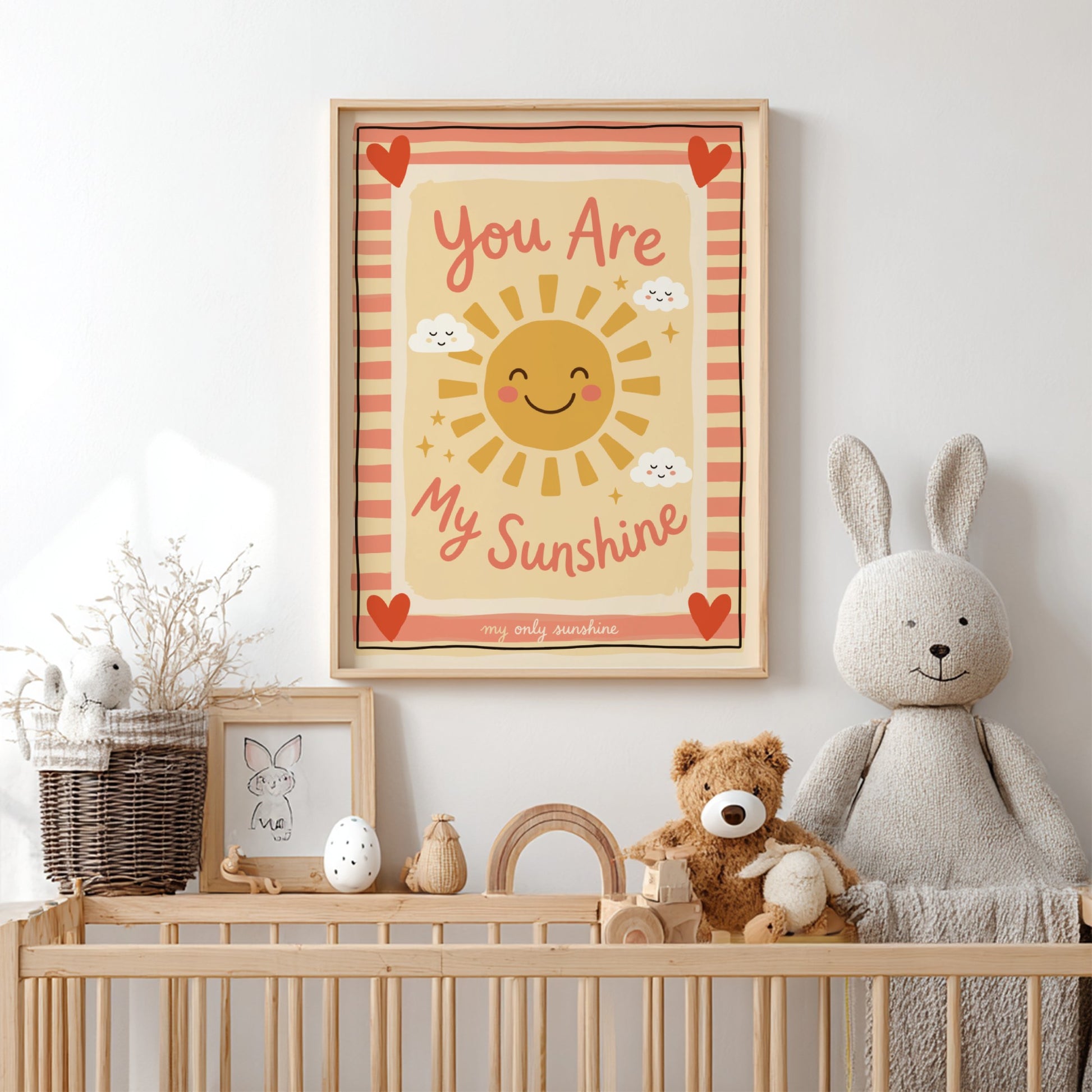 Kids room poster featuring a cheerful sun and clouds in warm colors