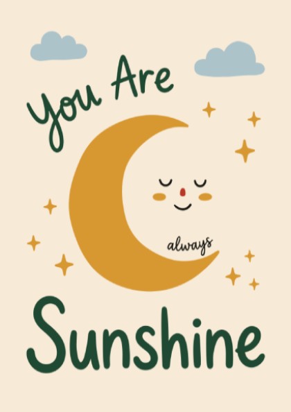 Kids room poster featuring a smiling moon, clouds, and stars in warm colors.