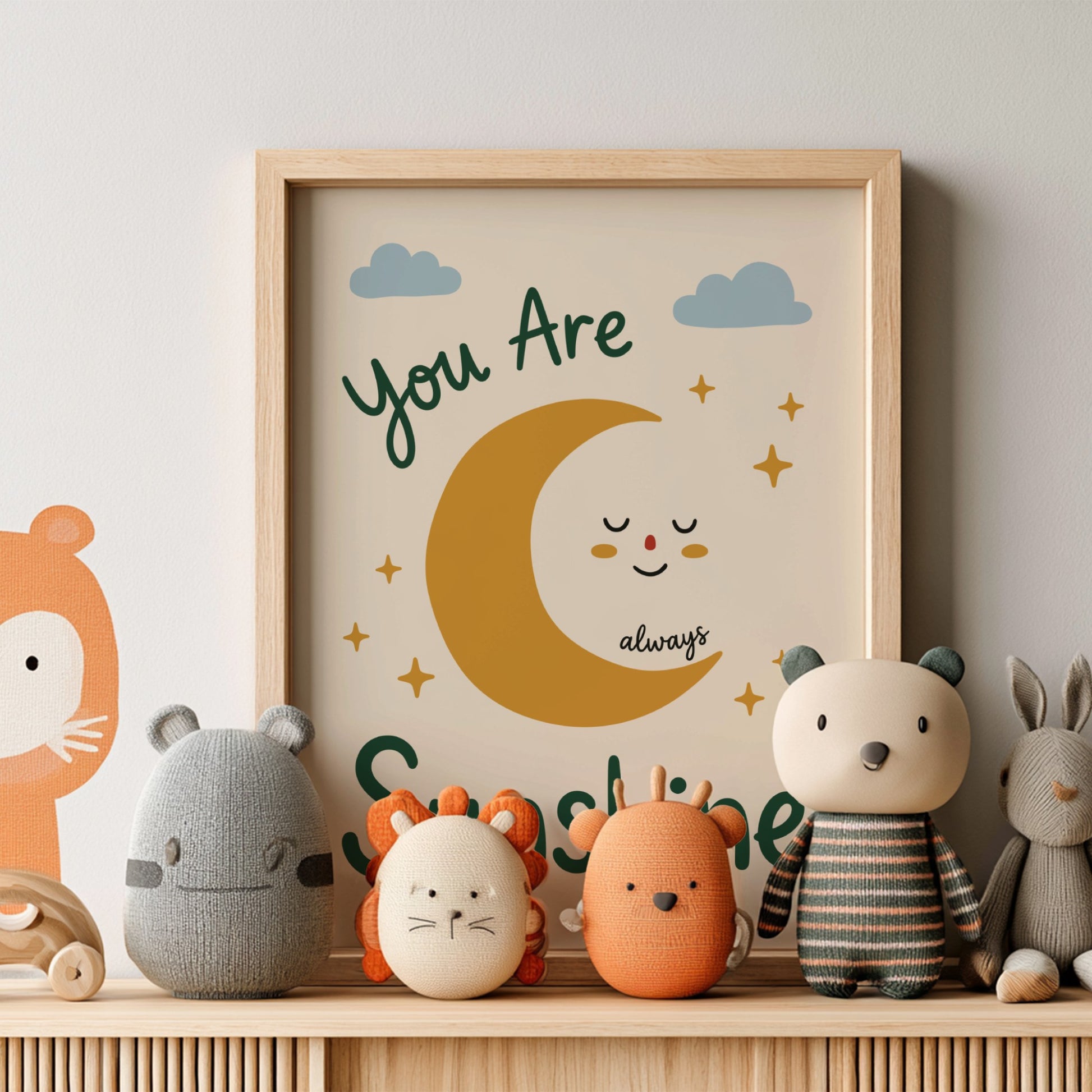 Kids room poster featuring a smiling moon, clouds, and stars in warm colors.
