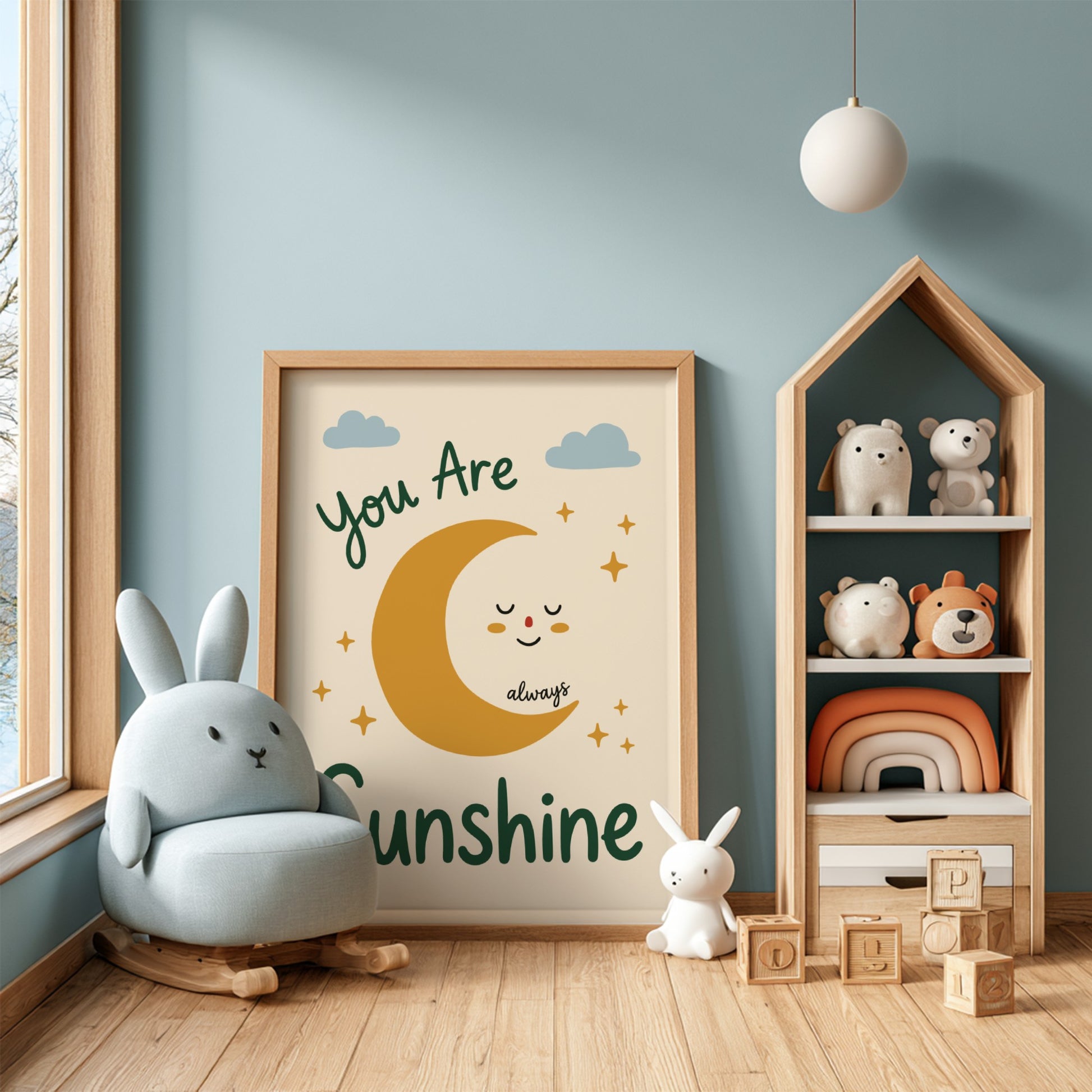 Kids room poster featuring a smiling moon, clouds, and stars in warm colors.