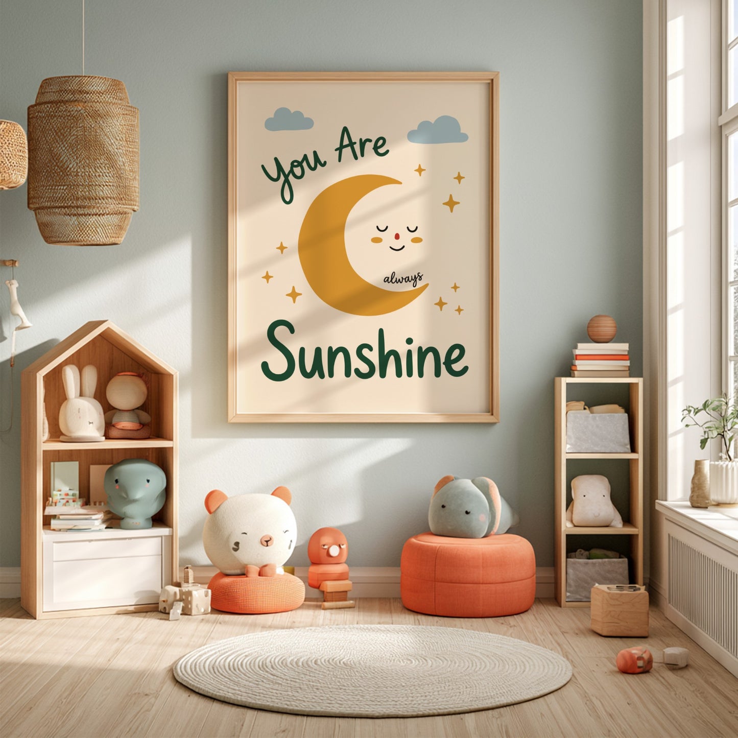 Kids room poster featuring a smiling moon, clouds, and stars in warm colors.
