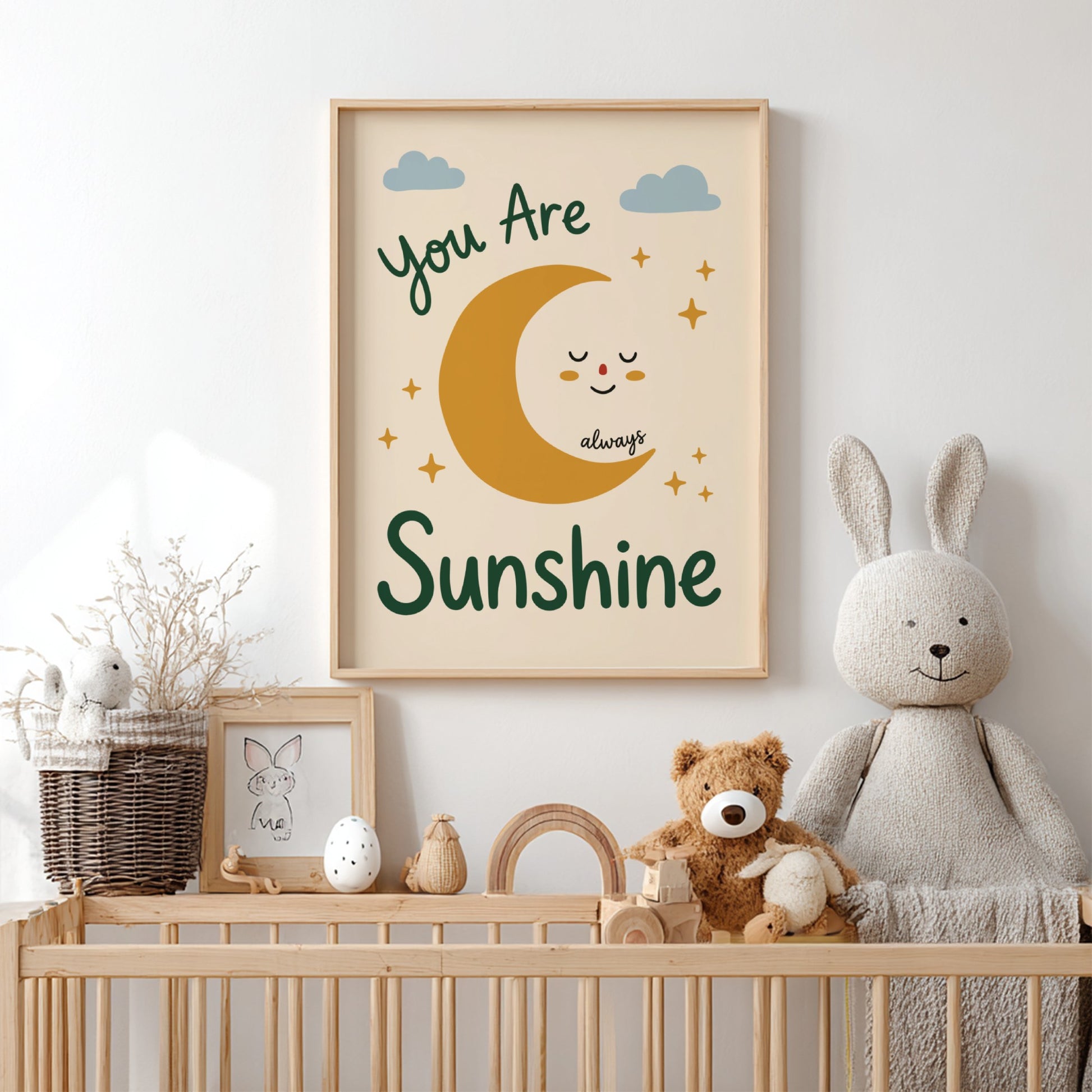 Kids room poster featuring a smiling moon, clouds, and stars in warm colors.