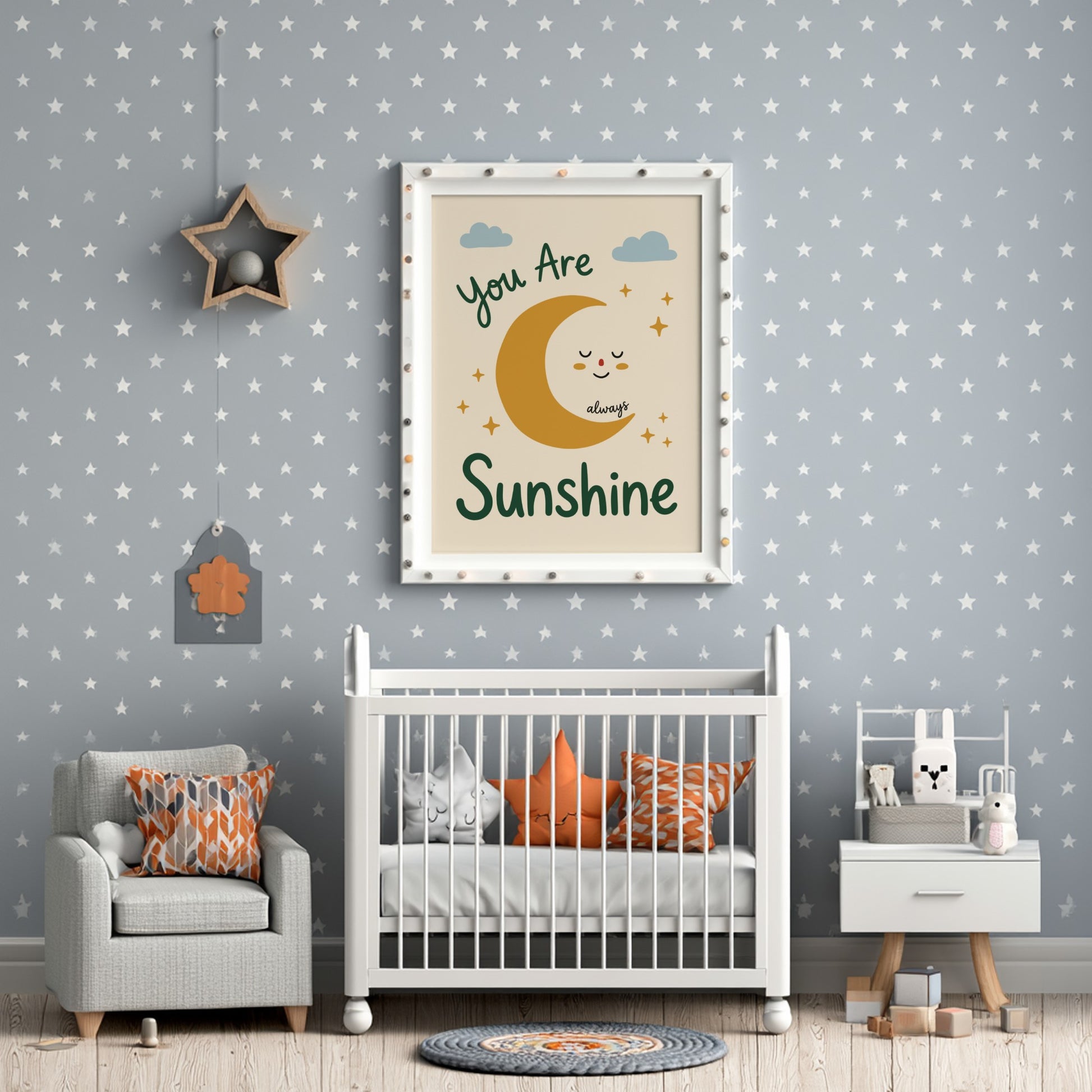 Kids room poster featuring a smiling moon, clouds, and stars in warm colors.