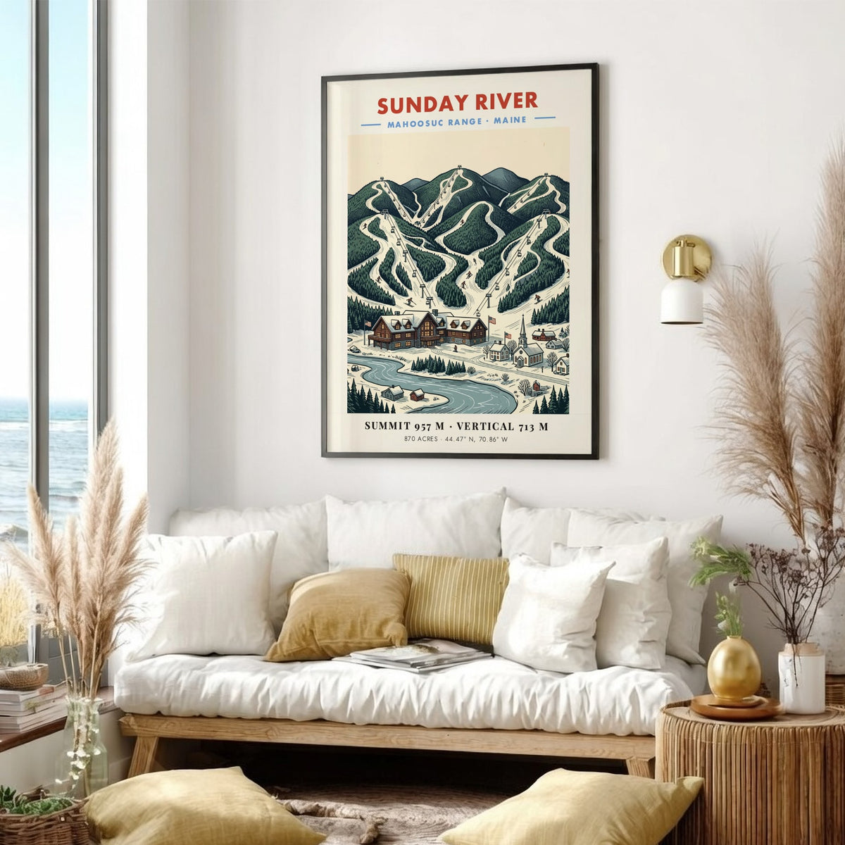 Poster featuring Sunday River in the Mahoosuc Range with snowy ski slopes and lodge.