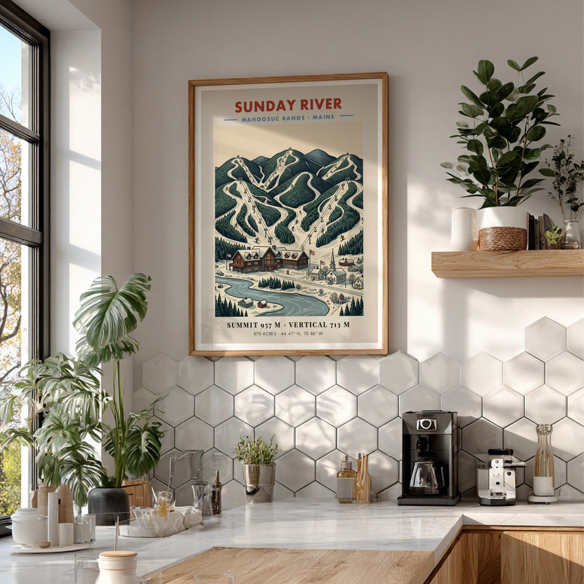 Poster featuring Sunday River in the Mahoosuc Range with snowy ski slopes and lodge.