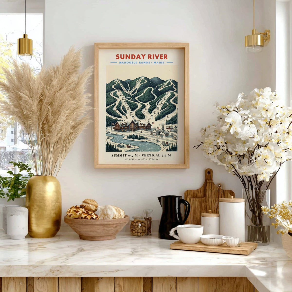 Poster featuring Sunday River in the Mahoosuc Range with snowy ski slopes and lodge.