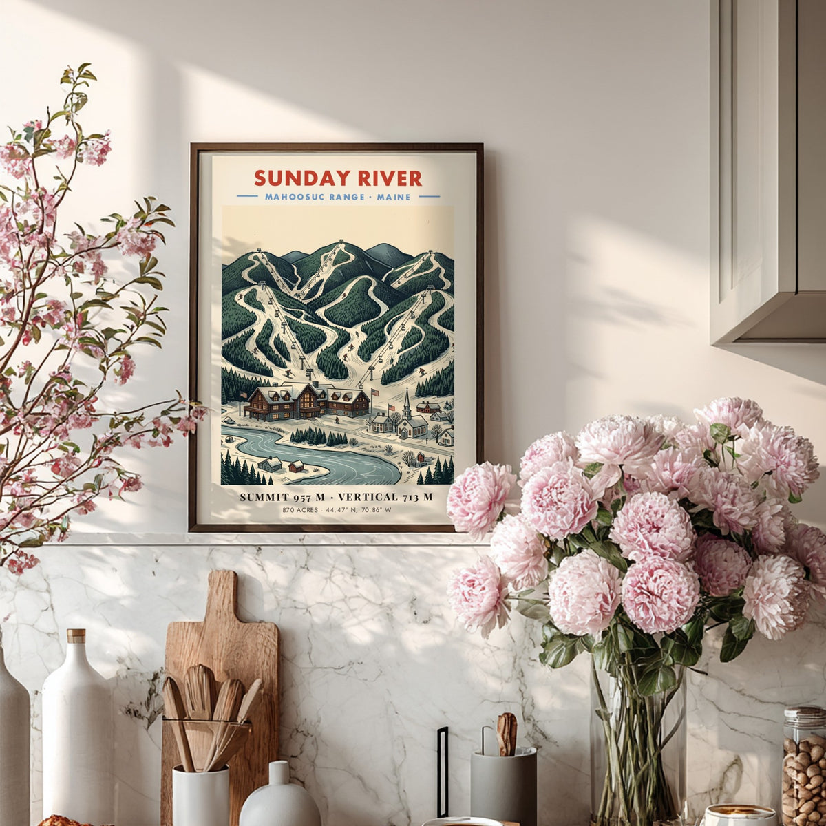 Poster featuring Sunday River in the Mahoosuc Range with snowy ski slopes and lodge.