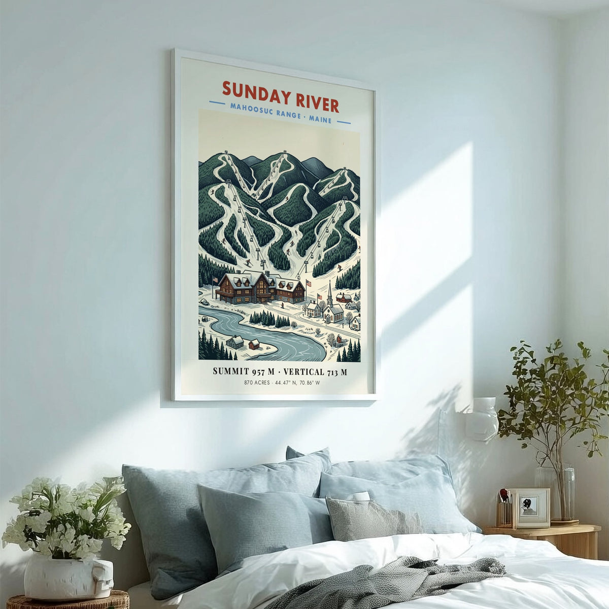 Poster featuring Sunday River in the Mahoosuc Range with snowy ski slopes and lodge.