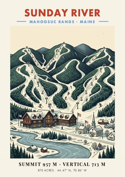 Poster featuring Sunday River in the Mahoosuc Range with snowy ski slopes and lodge.