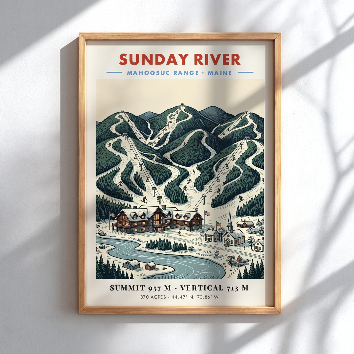 Poster featuring Sunday River in the Mahoosuc Range with snowy ski slopes and lodge.