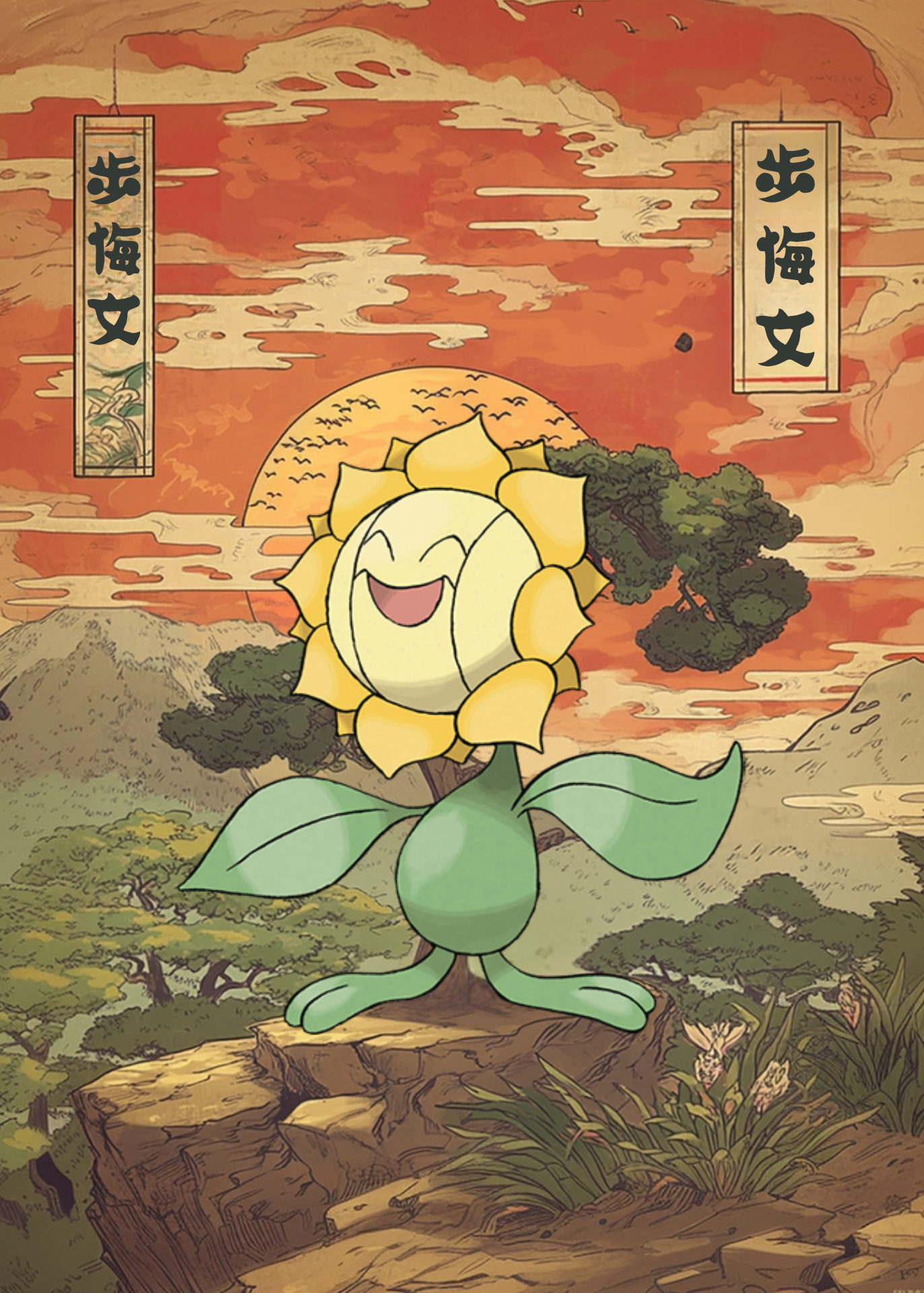 Sunflora Pokemon with a scenic background featuring mountains and trees.
