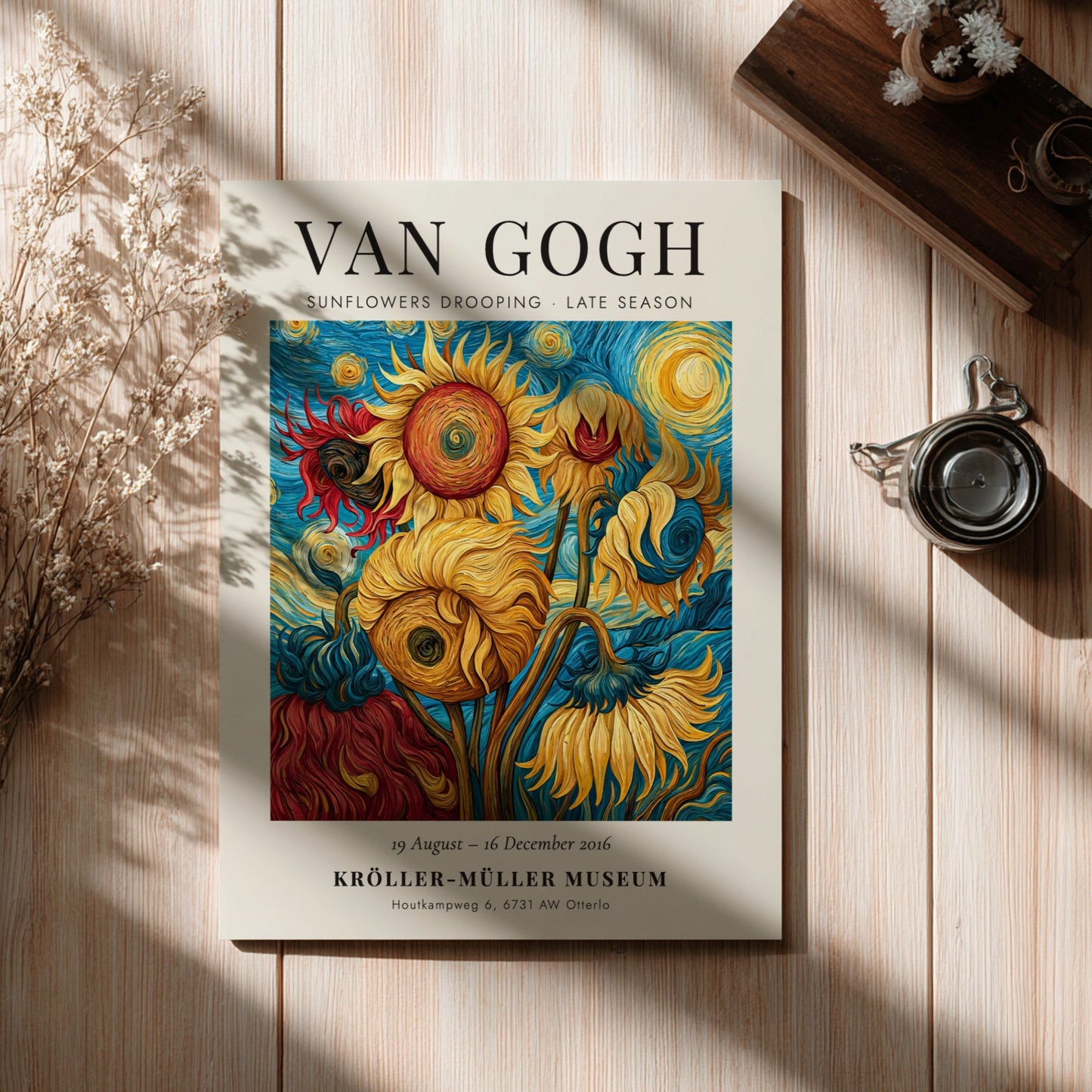 Sunflowers Drooping poster featuring vibrant colors and Van Gogh style