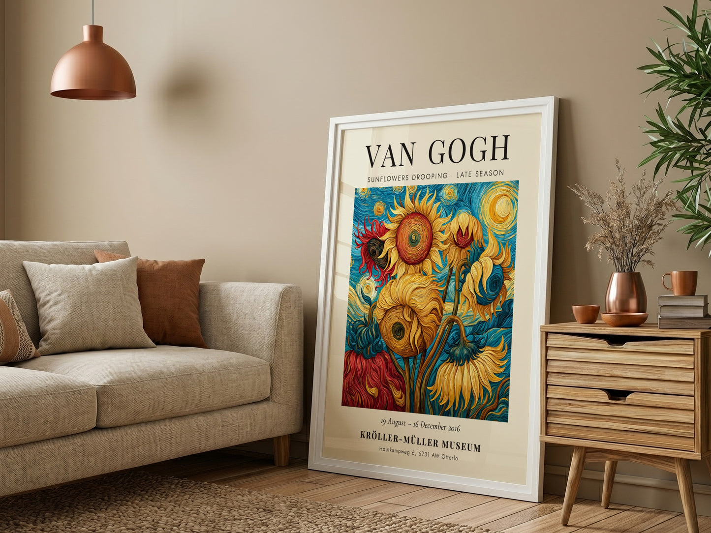 Sunflowers Drooping poster featuring vibrant colors and Van Gogh style