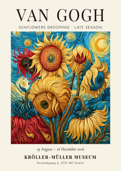 Sunflowers Drooping poster featuring vibrant colors and Van Gogh style