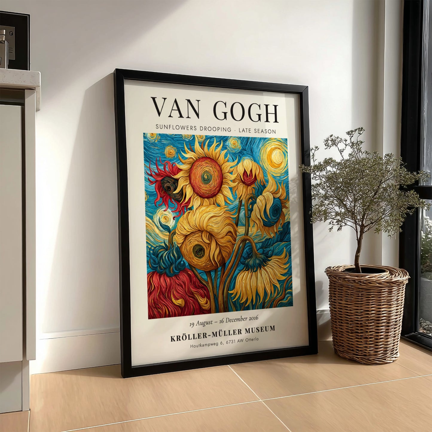 Sunflowers Drooping poster featuring vibrant colors and Van Gogh style