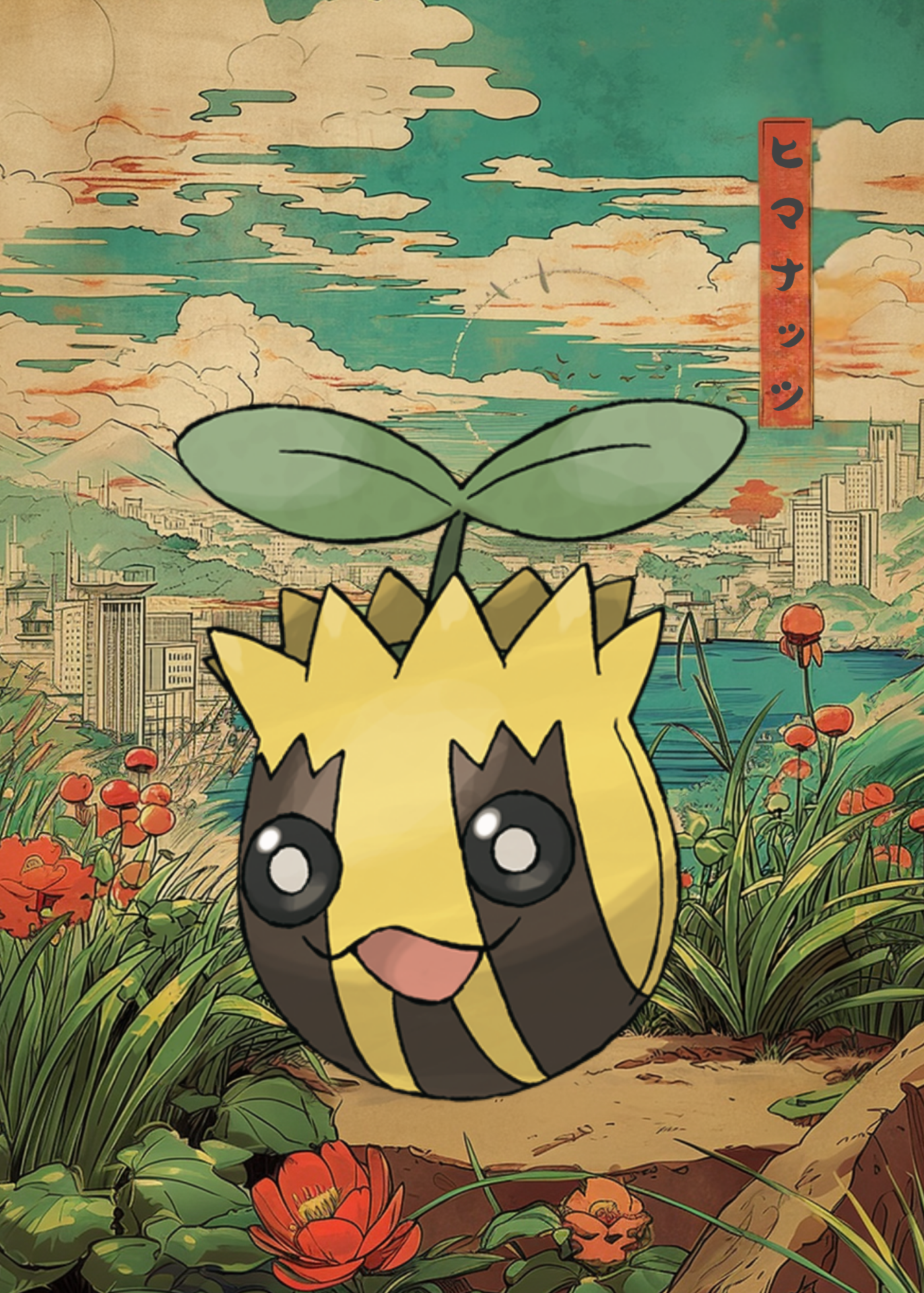 Sunkern Pokemon in a scenic background with flowers and mountains.