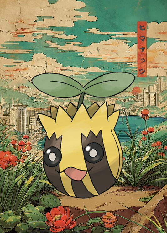 Sunkern Pokemon in a scenic background with flowers and mountains.