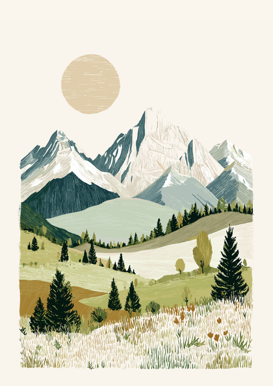 Illustration of a mountain landscape with trees and a road, under a round sun.