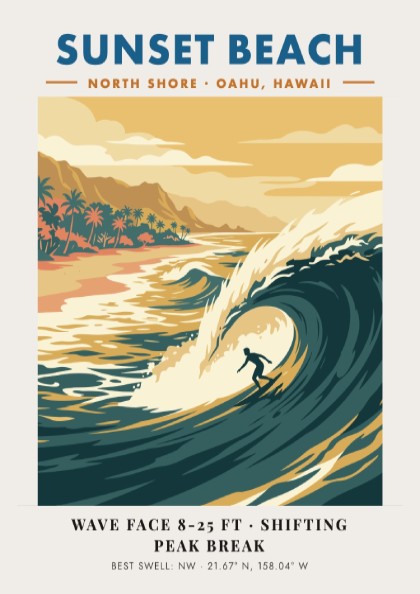 Sunset Beach surf poster featuring a golden wave, palm trees, and retro typography.
