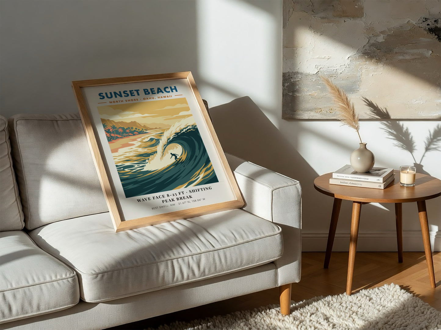 Sunset Beach surf poster featuring a golden wave, palm trees, and retro typography.