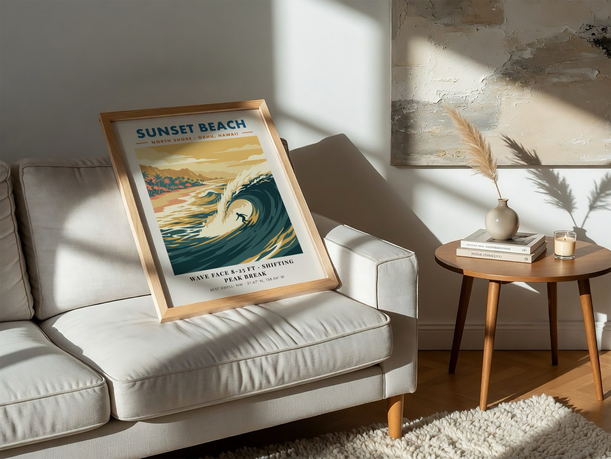 Sunset Beach surf poster featuring a golden wave, palm trees, and retro typography.