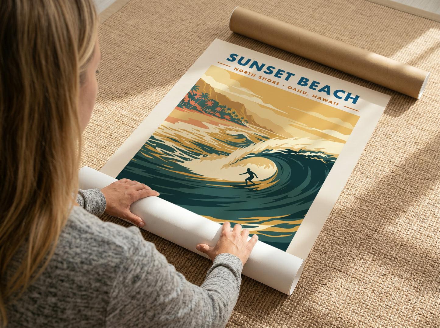 Sunset Beach surf poster featuring a golden wave, palm trees, and retro typography.