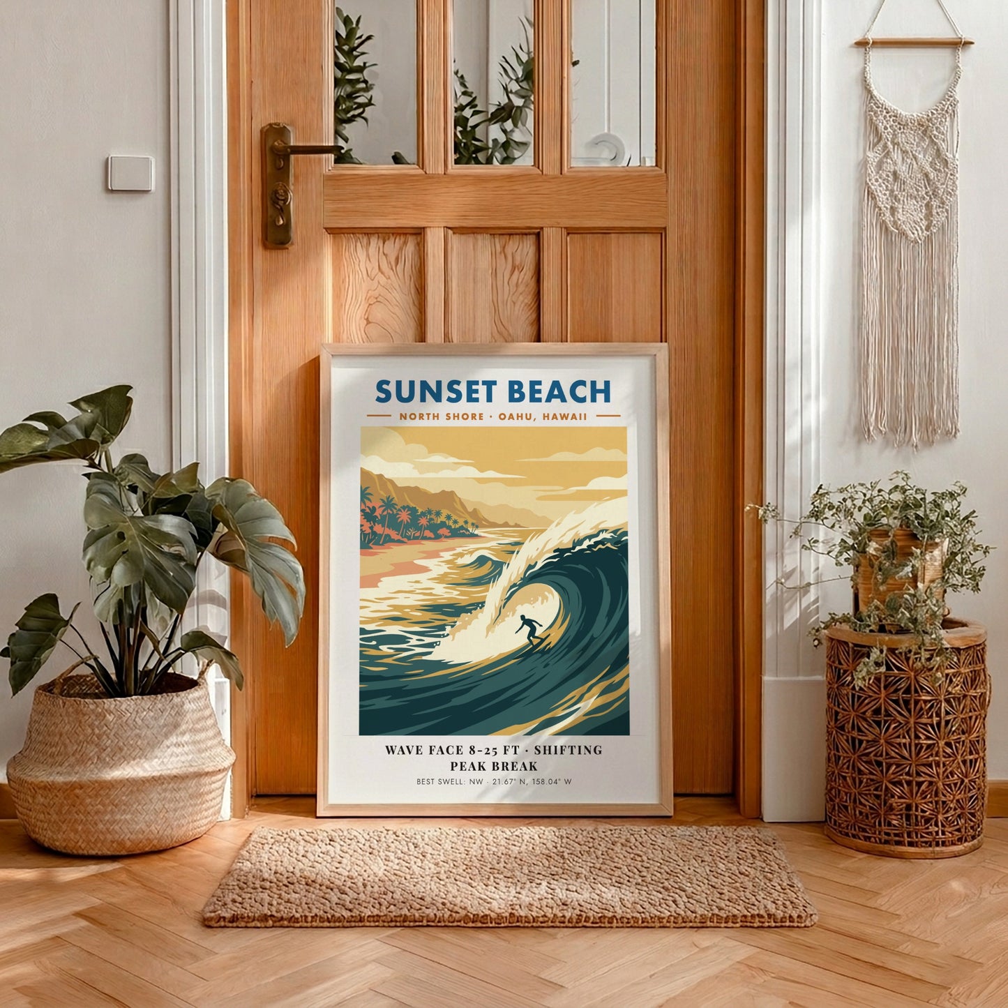 Sunset Beach surf poster featuring a golden wave, palm trees, and retro typography.