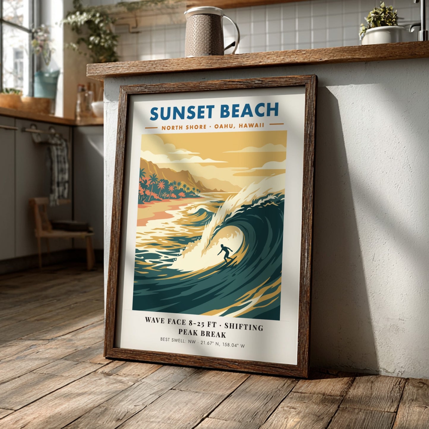 Sunset Beach surf poster featuring a golden wave, palm trees, and retro typography.