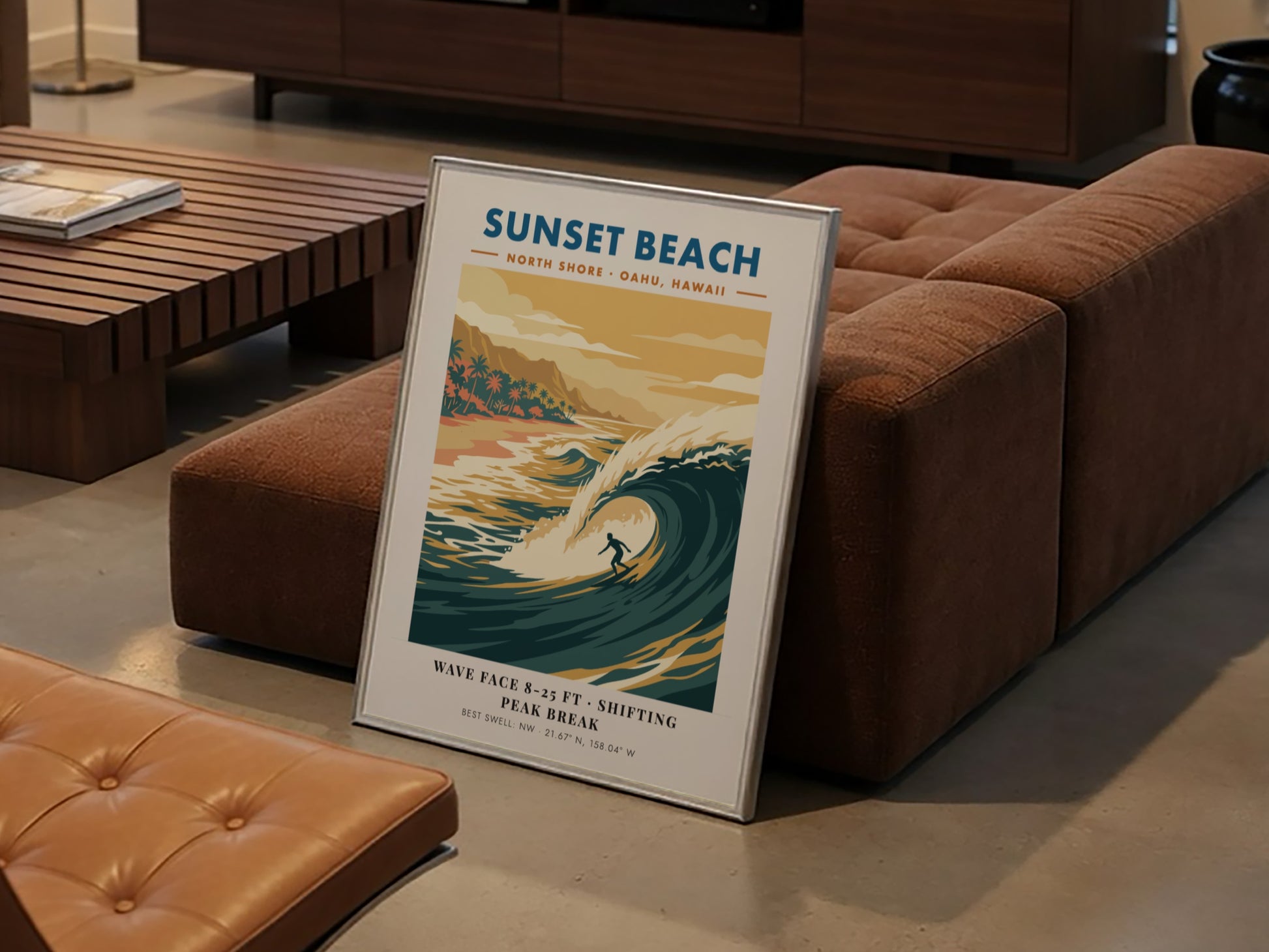 Sunset Beach surf poster featuring a golden wave, palm trees, and retro typography.