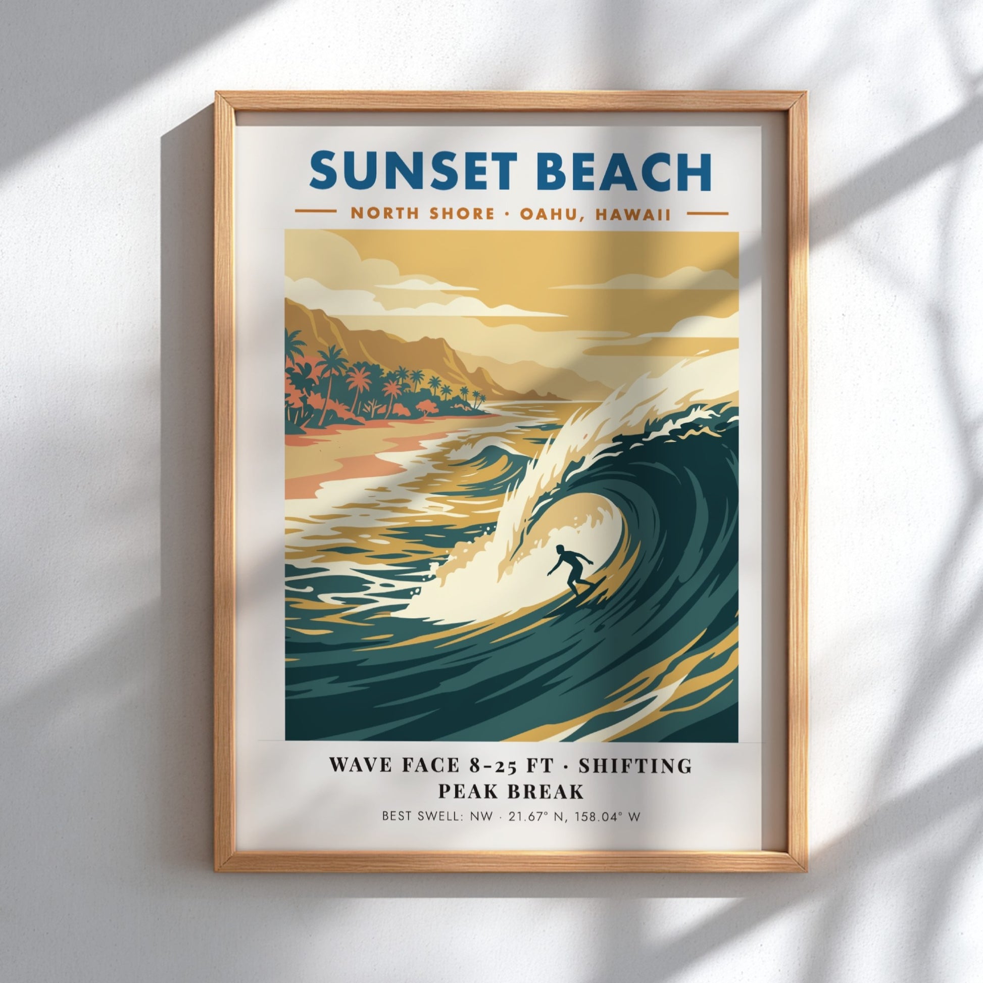 Sunset Beach surf poster featuring a golden wave, palm trees, and retro typography.