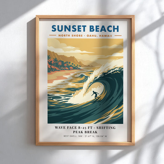 Sunset Beach surf poster featuring a golden wave, palm trees, and retro typography.