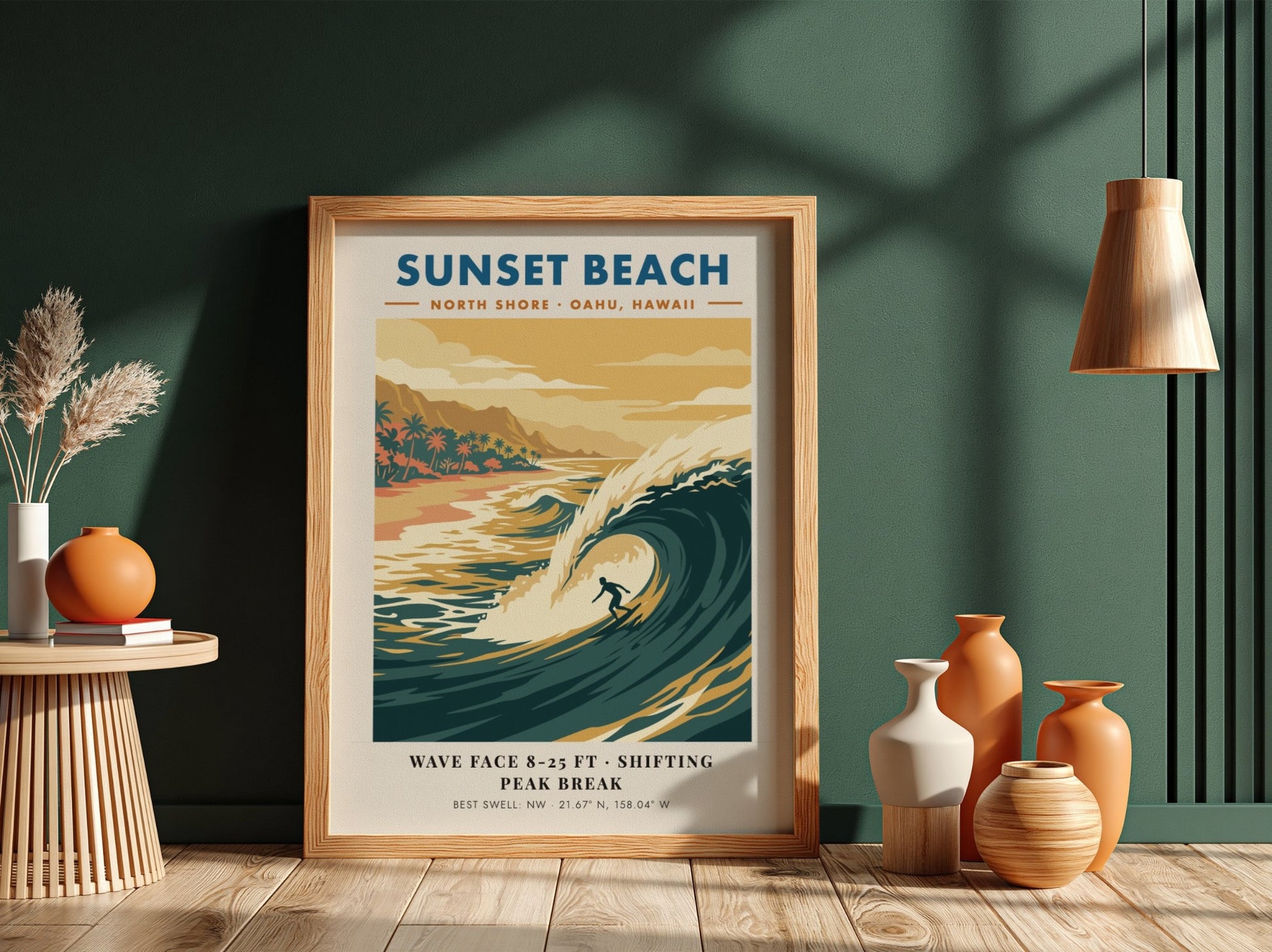 Sunset Beach surf poster featuring a golden wave, palm trees, and retro typography.