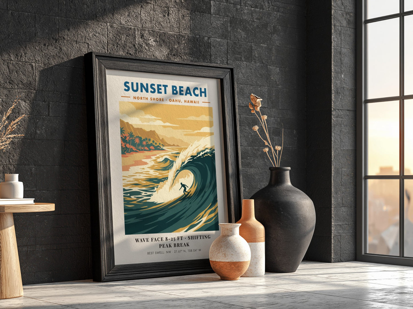 Sunset Beach surf poster featuring a golden wave, palm trees, and retro typography.