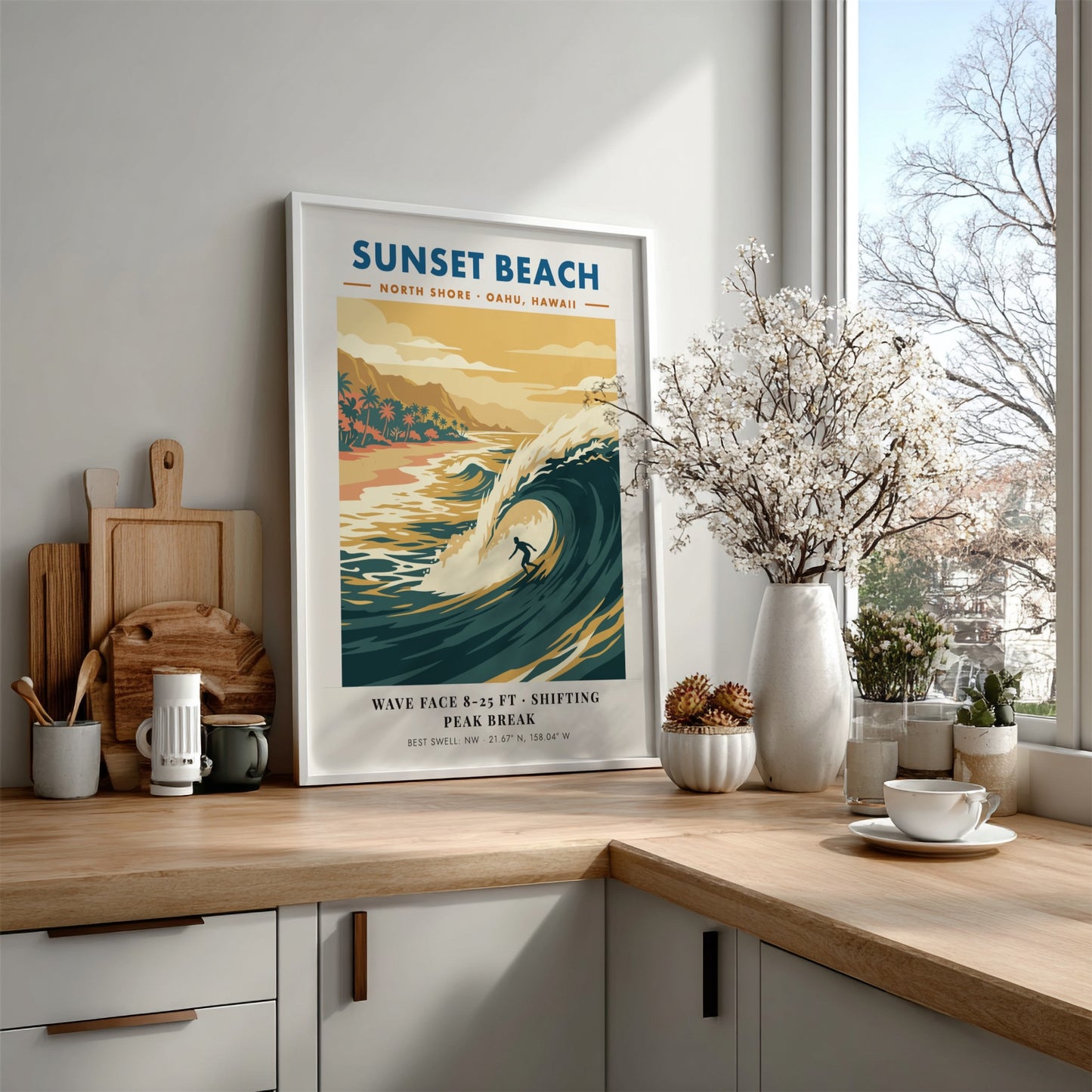 Sunset Beach surf poster featuring a golden wave, palm trees, and retro typography.