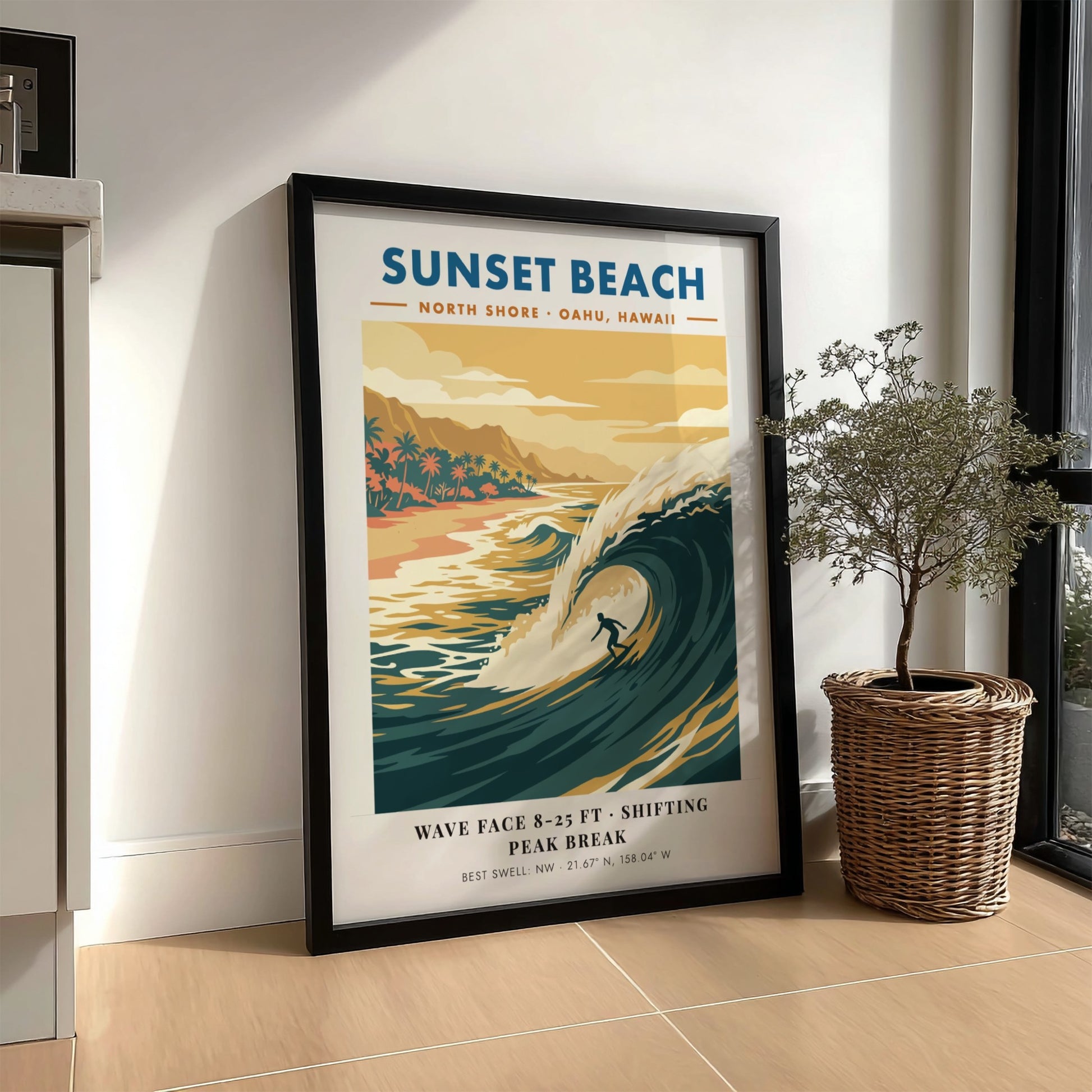 Sunset Beach surf poster featuring a golden wave, palm trees, and retro typography.