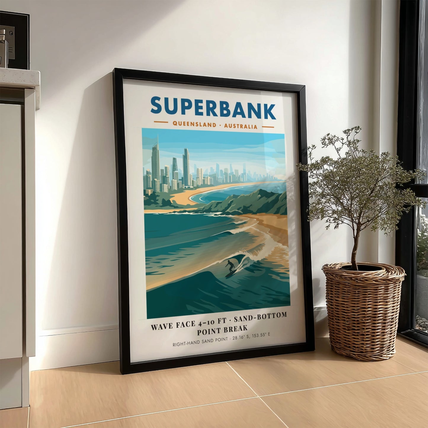 Vintage style Superbank Queensland surf poster featuring a lone surfer on a wave.