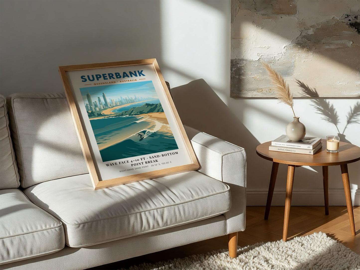 Vintage style Superbank Queensland surf poster featuring a lone surfer on a wave.