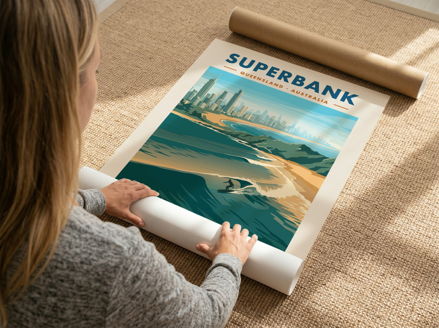 Vintage style Superbank Queensland surf poster featuring a lone surfer on a wave.