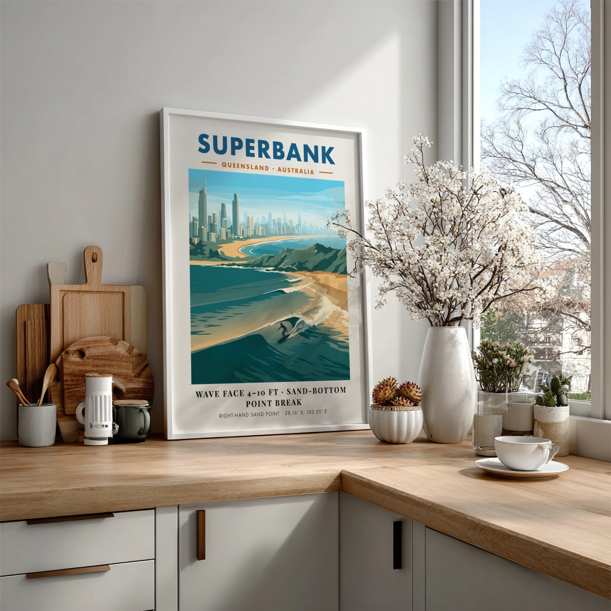 Vintage style Superbank Queensland surf poster featuring a lone surfer on a wave.