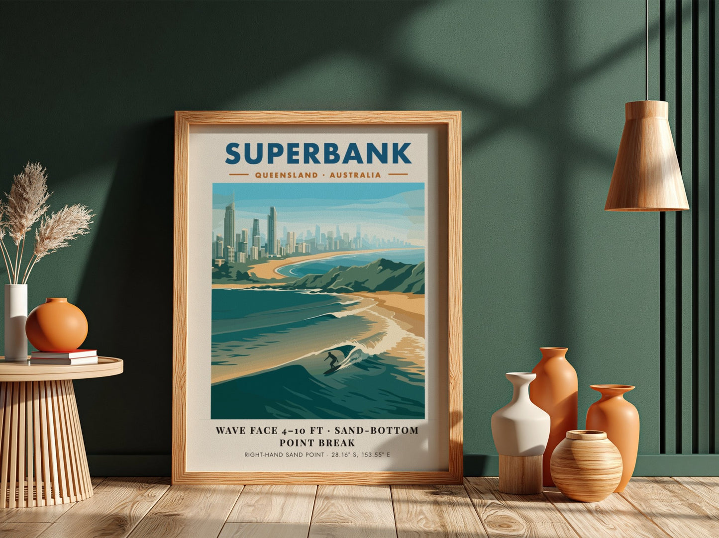 Vintage style Superbank Queensland surf poster featuring a lone surfer on a wave.