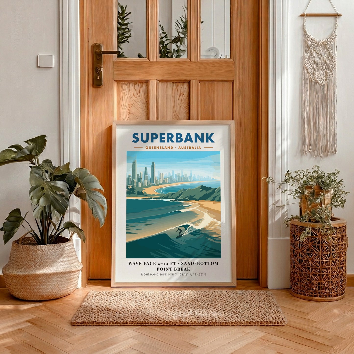 Vintage style Superbank Queensland surf poster featuring a lone surfer on a wave.