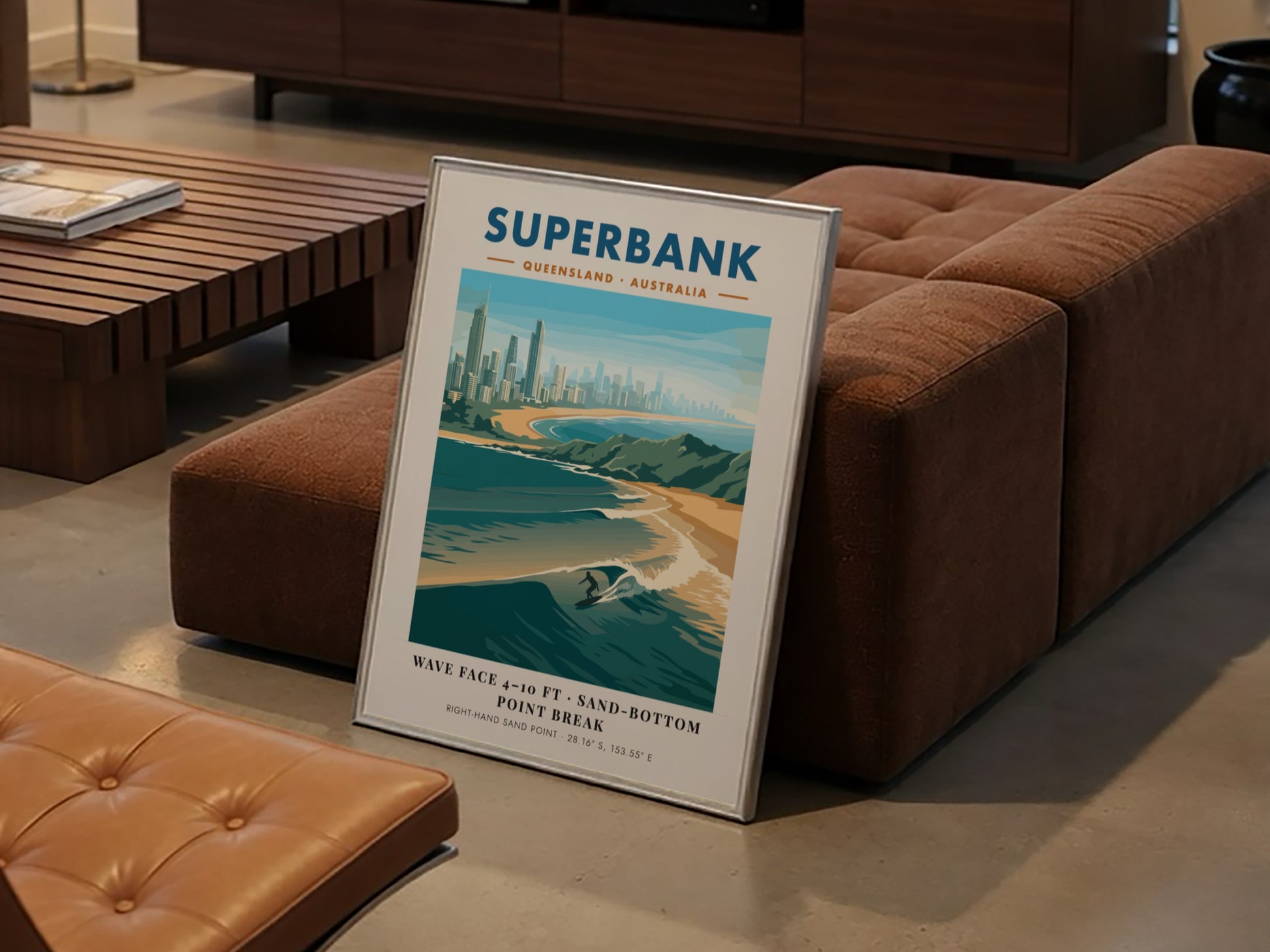 Vintage style Superbank Queensland surf poster featuring a lone surfer on a wave.
