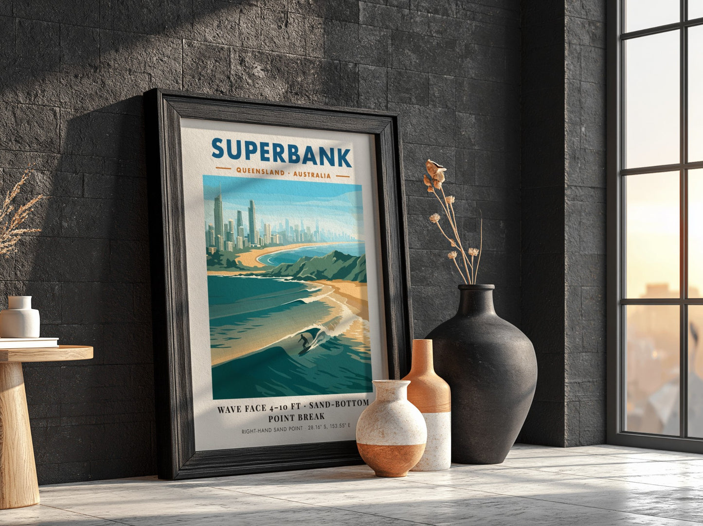 Vintage style Superbank Queensland surf poster featuring a lone surfer on a wave.