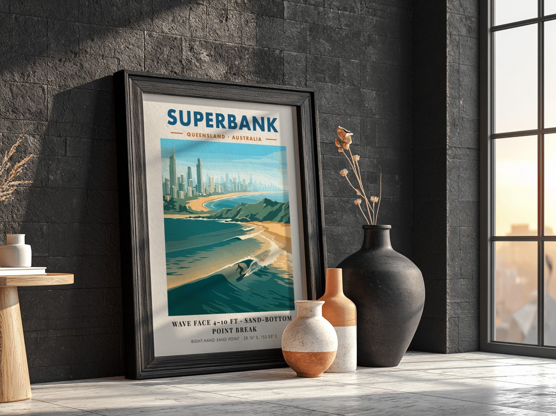 Vintage style Superbank Queensland surf poster featuring a lone surfer on a wave.