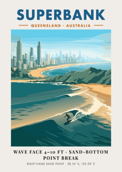 Vintage style Superbank Queensland surf poster featuring a lone surfer on a wave.