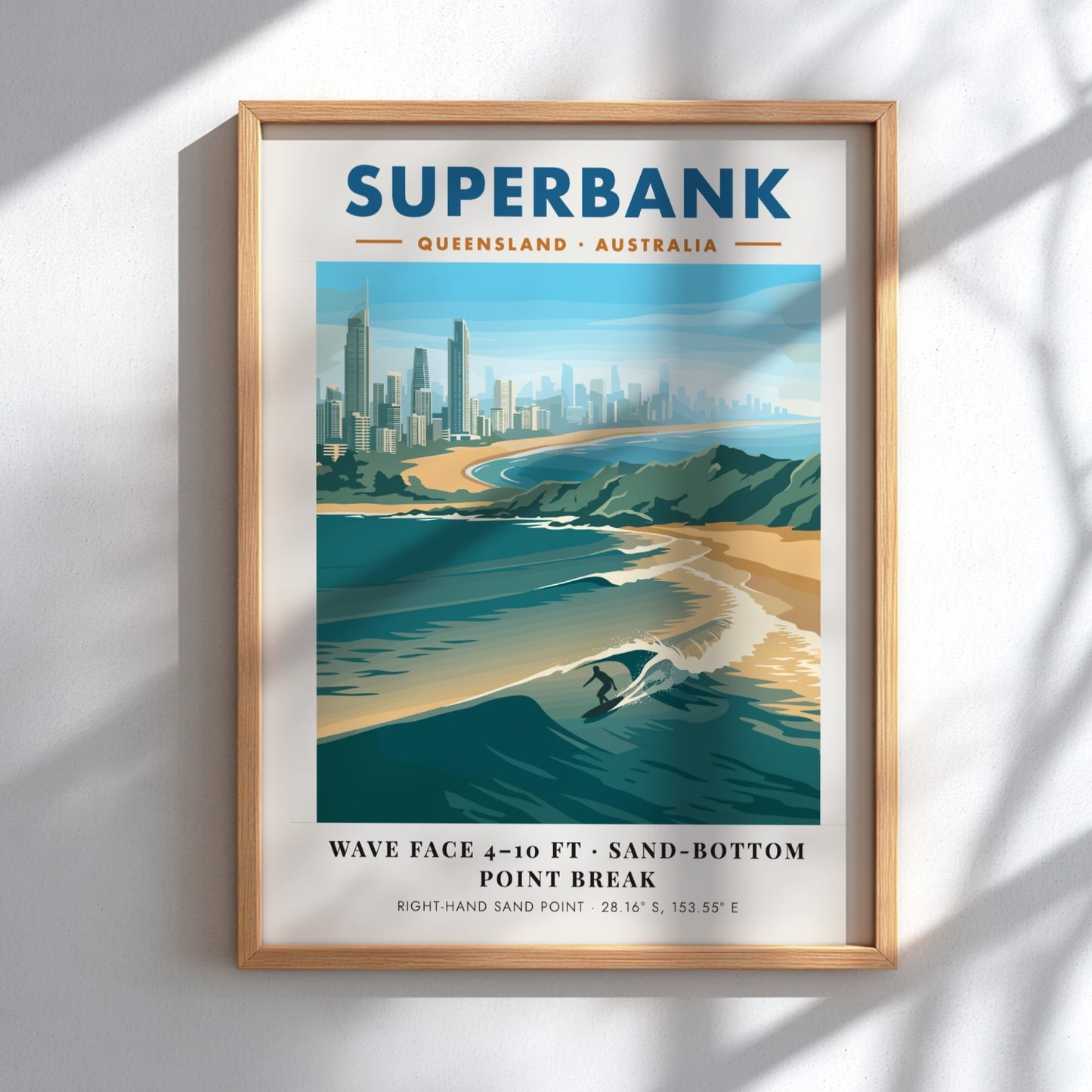 Vintage style Superbank Queensland surf poster featuring a lone surfer on a wave.