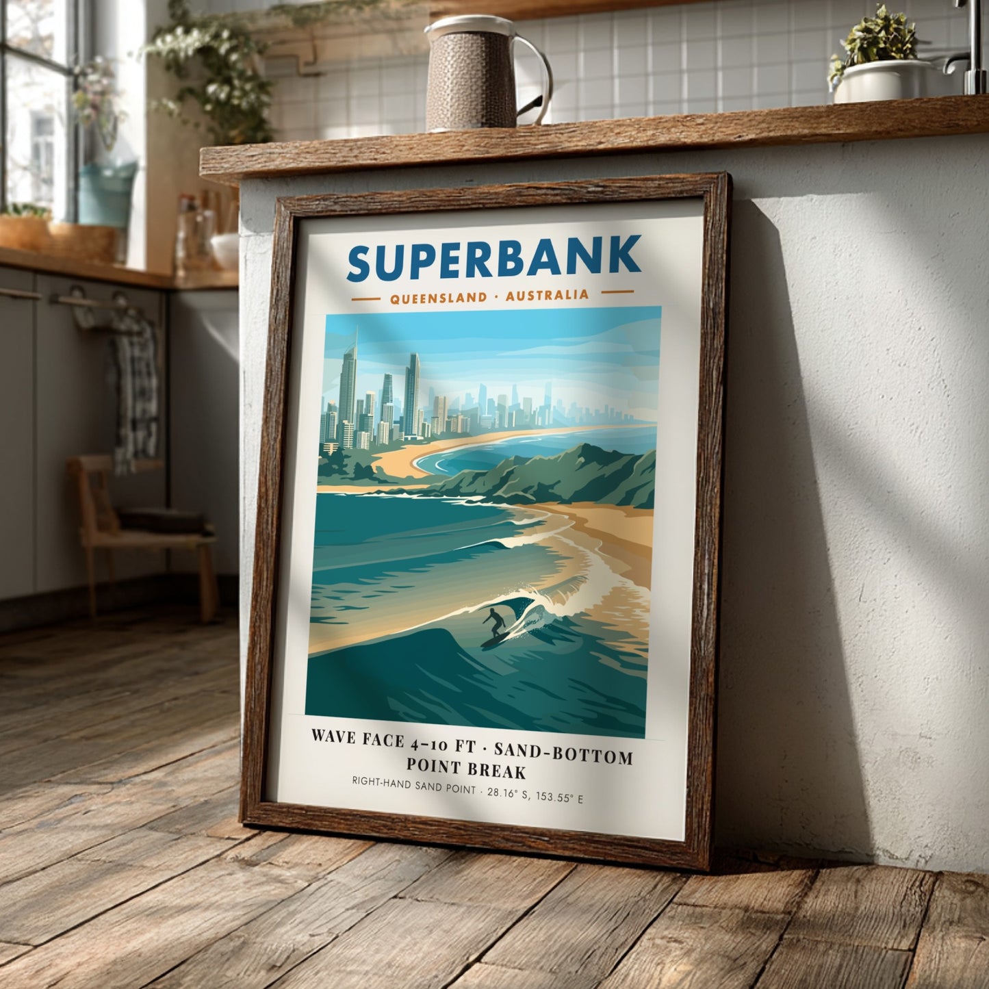 Vintage style Superbank Queensland surf poster featuring a lone surfer on a wave.