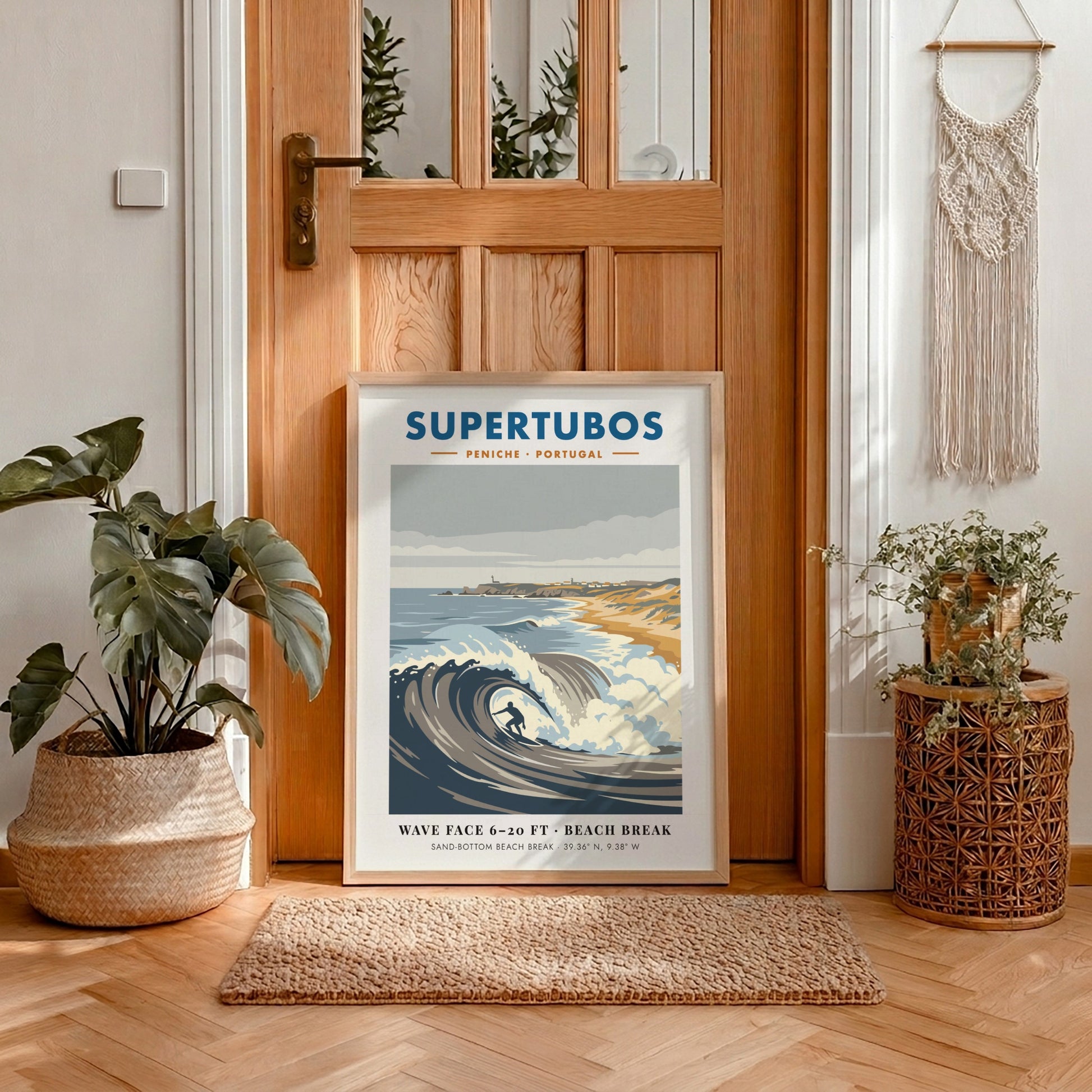 Supertubos Peniche surf break poster featuring a barrel wave and rugged Portuguese coastline.